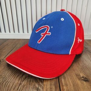 Vintage Fender F Logo Hat Red Blue Guitar Brand Baseball Cap Stretch Fit 7 3/8